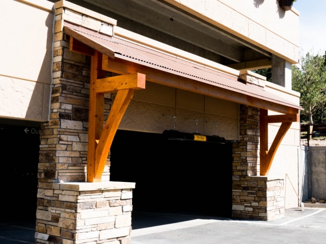 Timber frame stair awning in Estes Park CO